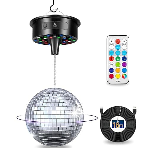 Disco Ball with Motor and 6 Inch Mirror Ball, Rotating 0/3/6/9/12/15 RPM Variable Speed,12 Lighting Colors and 4 Light Modes, 16 FT USB Power Cable and Remote Control, for Party Wedding Christmas - Image 1
