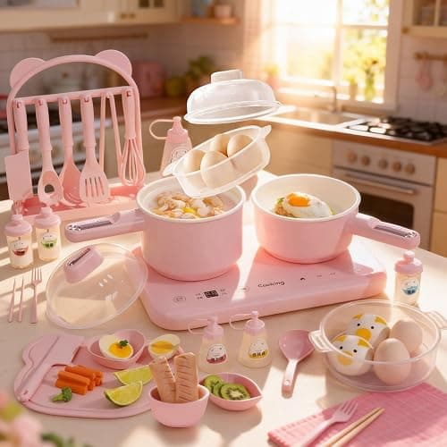 Kids Cooking Sets Real Electric Dual Stove - Montessori Real Cooking Set with Mini Kitchen Tools, Safe Utensils, Apron & Cookware - Great for Pretend Play Montessori Learning (Pink) - Image 1