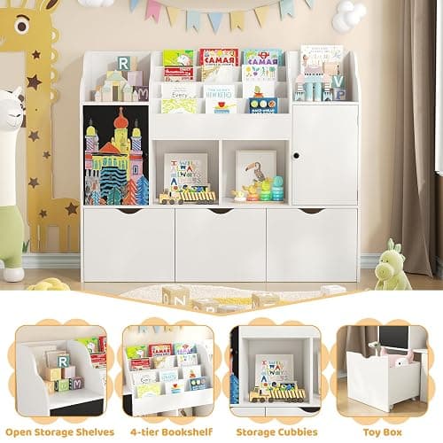 Vabches 47.3'' Kids Bookshelf with Chalkboard, Toy Storage Organizer, 3 Movable Drawers, Boys and Girls Toy Shelf, 4-Tier Children Bookcase for Playroom, Nursery, Bedroom,Living Room (White) thumbnail 7