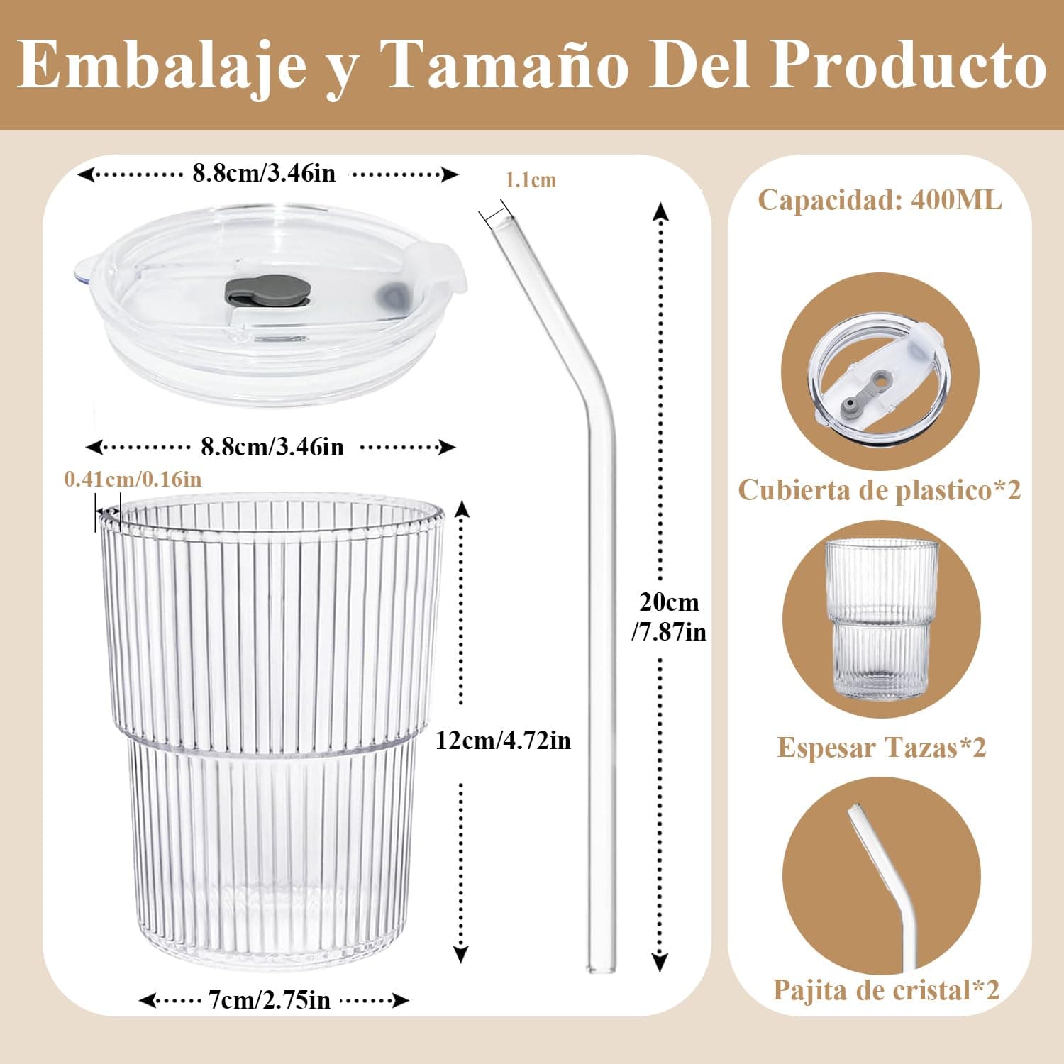 2 Pcs Taza de vidrio con Tapa y Pajita,Juego de Tazas de Café de 400ML,Juego Moderno de Taza de Café Exquisita,Apto Tanto para Frío Como para Calor para Cerveza,Whisky,Capuchino,Té,Leche,Cola thumbnail 4