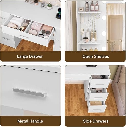 FIONESO Large Makeup Vanity, 42.1" Vanity Desk with Mirror and Lights, Makeup Vanity Table with 7 Drawers, 4 Shelves, 5 Jewel Hooks & Power Strip, Vanity Desk Set for Bedroom, White - White thumbnail 7