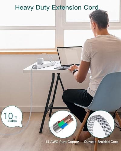 Extension Cord 10 ft - Long Power Strip Surge Protector, 6 AC Outlet 4 USB (2 USB C), Flat Plug, Wall Mount, Multi Plug Outlet Extender Desk Charging Station for Home Office Dorm Room Essentials thumbnail 8