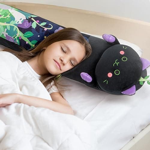 Mewaii Long Cat Plush 5 Sizes, 120% Extra Filling Giant Plushness Kids Body Pillow, Kawaii Cute Black Cat Stuffed Animals Plushies, Big Long Body Pillow Black Cat Plush Gift for Girls 20” - Black Mint Cat - 19.6in/50cm thumbnail 8