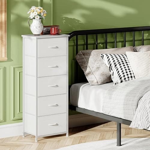 Somdot Tall Dresser for Bedroom with 5 Drawers, Storage Organizer Chest of Drawers with Removable Fabric Bins for Closet Bedside Living Room Laundry Entryway Hallway, White Leather thumbnail 2