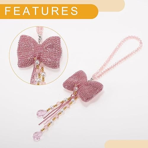 INFINAUTO 1 Pc Rhinestones Diamond Bow Car Rear View Mirror Pendant Accessories Car Hanging Ornament Pink thumbnail 5