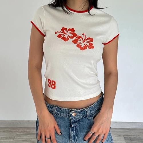 Y2k Graphic Baby Tees Women Teen Girl Fruit Print Crop Top Short Sleeve Slim Fit Vintage Aesthetic T Shirt Clothes - Small - Milky Hibiscus Floral thumbnail 2