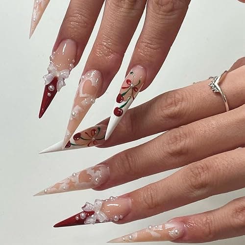 IMRAIN Long Press on Nails Stiletto Red French Tips Fake Nails Full Cover Glossy Acrylic Nails Press ons Cute Cherry & Bow Designs Glue Stick on False Nails for Women 24Pcs thumbnail 6