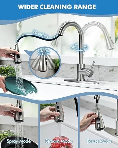 VFAUOSI RV Bath Faucets, Shower Faucet with Soap Dispenser for RV Sink, 3-Mode Kitchen Sink Faucet with Pull Down Sprayer Stainless Steel Single Handle Brushed Nickel thumbnail 4