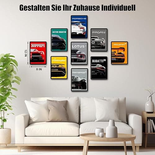 9 Stück Auto Posters, Supercar Poster, Supersportwagen Wall Art für Jungen und Männer, Schlafzimmer, Rennwagen-Wandkunst für Büro Wohnzimmer, Wohnzimmer, Geschenk für Autoliebhaber, Jugendliche thumbnail 7