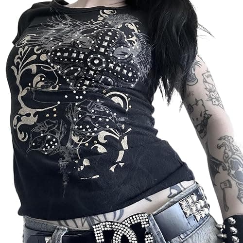 Grunge Graphic Tees for Women Y2k Vintage Gothic T Shirt Teen Girls Aesthetic Emo Baggy Tops 2000s Alternative Clothes - Image 1