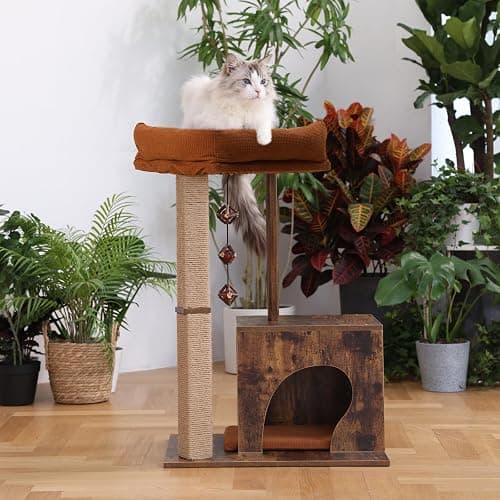 FUKUMARU Cat Scratching Post, Modern Style Cat Tree with Unique Square Post, Wooden Cat Tower with silvervine Balls, Retro Cat Condo Scratcher for Indoor Cats（Solid Wood） thumbnail 2