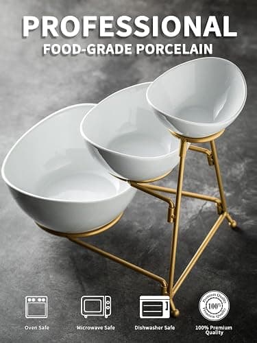 LAUCHUH 3 Tier Serving Stand Serving Dishes for Entertaining Porcelain Oval Bowl Set Tiered Serving Tray for Fruit, Vegetable, Nuts, Salad, Chip Dip Bowl Set for Father's Day, Gold thumbnail 8