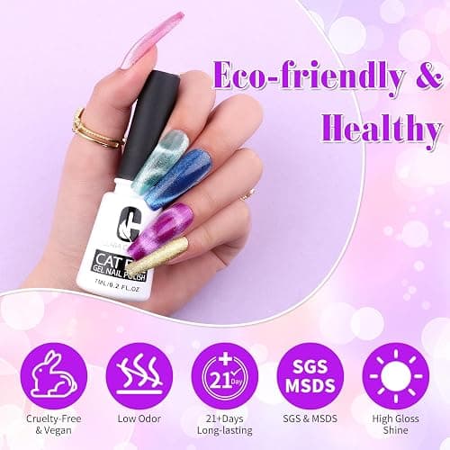 Clara Colors Vernis Semi Permanent Magnétique,9D Cat Eye Magnetic Vernis Gel Soak Off UV/LED Réfléchissant avec 12 Couleurs 8ml Auroras Diamond Effect Starter Set pour Salon Home DIY Art Gift thumbnail 7
