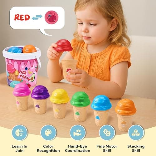 JoyCat Ice Cream Toy Set for Toddlers 1-5,Color Sorting & Stacking Toys | Match colors, stack scoops and serve pretend ice cream; included 7 cones and scoops support counting and little-hand play thumbnail 4