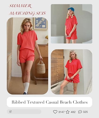 MARZXIN Women 2 Piece Shorts Set 2026 Casual Summer Cruise Outfits Ribbed Loose Short Sleeve Pocket Matching Lounge Sets thumbnail 4