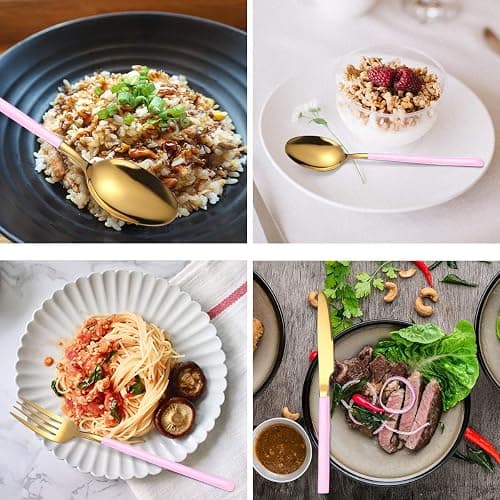 AARAINBOW 7 Pieces Stainless Steel Flatware Set Portable Reusable Cutlery Set Travel Utensils Set Including Chopsticks Knife Fork Spoon Straws Cleaning Brush Dishwasher Safe (Pink Golden) thumbnail 4