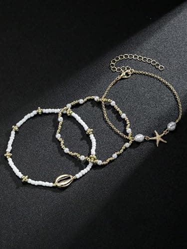 MakeMeChic Women's 3 Pack Metal Starfish Anklet Bracelet Beaded Adjustable Boho Foot Jewelry thumbnail 3