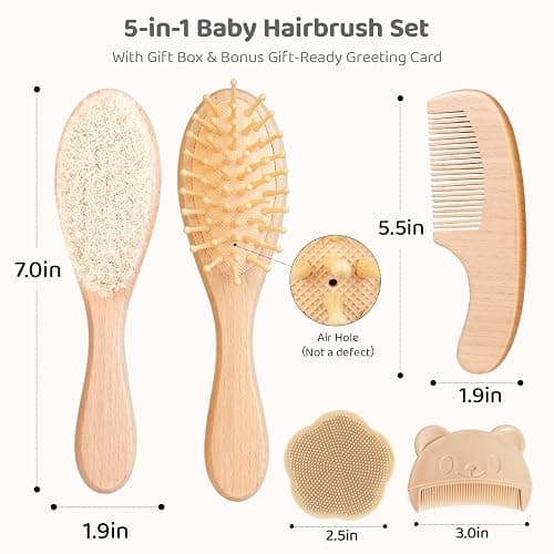 5 Piece Baby Hair Brush Set, Wooden Baby Brush and Comb Set with Natural Soft Goat Hair Bristles, Cradle Cap Brush, Baby Essentials Grooming Kit for Boy Girl thumbnail 7
