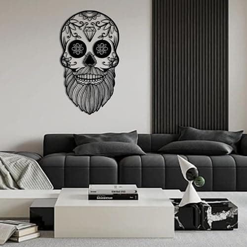 RUNBOAT Sugar Skull Metal Wall Art, Skeleton Metal Sign Wall Art, Gothic Metal Wall Decor, Skull Wall Decor, Sugar Skull Decor, Halloween Decor for Living Room, Bedroom, Bar (Gold, 30x17in|76x43cm) - Gold - 30x17in|76x43cm thumbnail 2