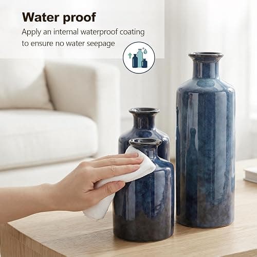 Blue Ceramic Vase Set - 3 Blue Small Vases, Farmhouse Country Flower Vase Home Decor, Living Room Decoration, Table Decoration, Fireplace Decor, and Entrance Decorations Centerpieces thumbnail 6