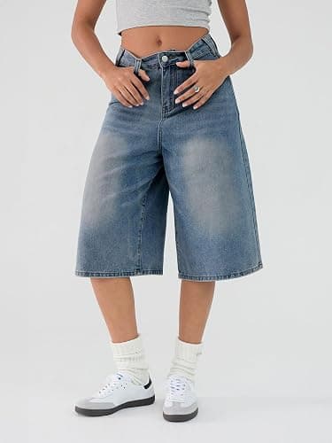 EMMIOL Machine Wash Y2K Jorts Women Wide Leg Baggy Long Jean Shorts Loose Fit Grunge Bermuda Denim Shorts thumbnail 4