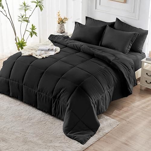 JOLLYVOGUE Queen Comforter Set, Ultra-Soft Bed in a Bag Queen Size 7 Pieces, Oeko-TEX Certified Bedding Set with Down Alternative Comforter, Sheets, Pillowcases & Shams, Black thumbnail 8