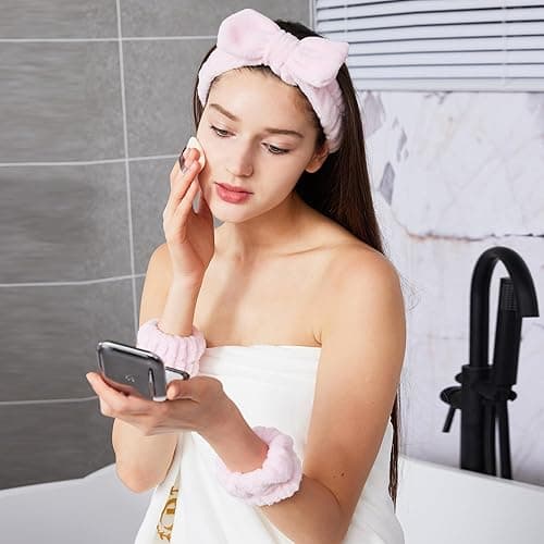 Ztomine Headbands for Women - Spa Headband and Wristband Set - Headband for Washing Face,Facial Mask,Makeup and Skin Care,Gifts for Women and Teen Girl Gifts Trendy Stuff - pink thumbnail 6