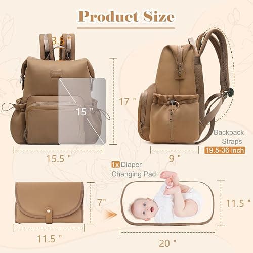 miss fong Diaper Bag Backpack - Baby Diaper Bag Neoprene Bag Large Capacity Neoprene Backpack with Diaper Changing Pad Travel Diaper Backpack Baby Backpack with 12 Pockets for Mom & Dad-Brown thumbnail 5