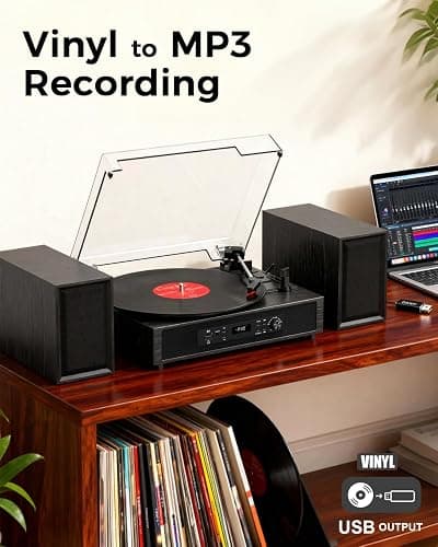 Vinyl Record Player with 4+2 External Stereo Speakers Bluetooth 3-Speed Belt Drive Turntable for Vinyl Records Two Speakers USB/SD Recording RCA Headphone Out& AUX-in, Vintage Black Wood thumbnail 9