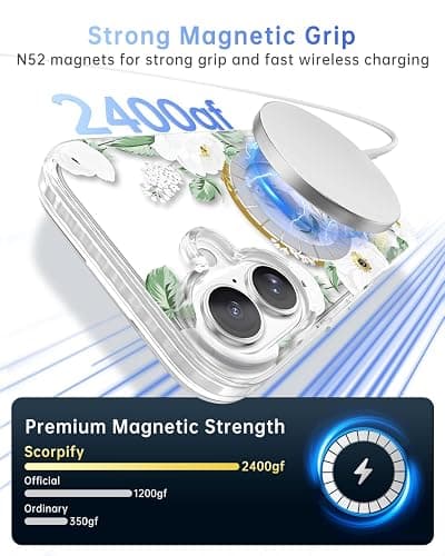 SCORPIFY for iPhone 16 Case [Compatible with MagSafe] with White Rose Floral Design, Cute Clear Flower Magnetic Phone Cover for Women Girls, [Non Yellowing] Slim Bumper with Gold Accents thumbnail 4