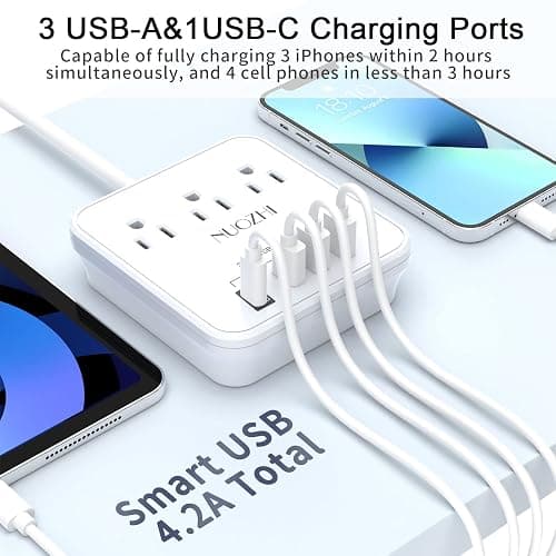 Cruise Essentials, NUOZHI 6 Ft Power Strip with 3 Outlets and 4 USB Ports(1 USB C), Non Surge Protector for Cruise Ship, Travel, Home Office, ETL Listed, White thumbnail 4