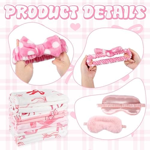 WAYASDCU 30 Pcs Sleepover Party Supplies for Girls, 6 Style Cute Pink Bow Blanket 6 Hair Clips 6 Hair Ties 6 Plush Pink Eye Mask Cover 6 Coral Fleece Spa Headband for Slumber Party Supplies for Girls thumbnail 3