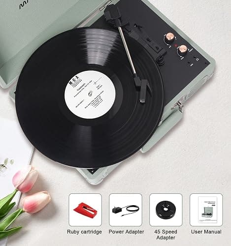 MANGOSTAN Record Player 3 Speed Bluetooth Portable Suitcase, Vinyl Phonograph with Built-in Bass & Speakers, Belt-Driven LP Player Support AUX-in RCA Line Out Headphone Jack, Green thumbnail 7