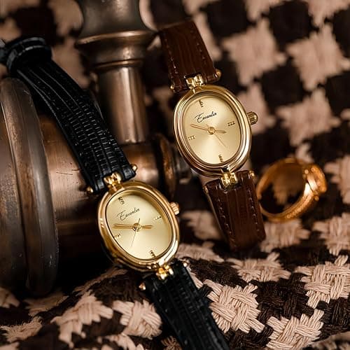 Womens Fashion Small Gold Oval Quartz Watches Vintage Leather Band Waterproof Luxury Casual Ladies Bracelet Wrist Watch Brown Black thumbnail 6
