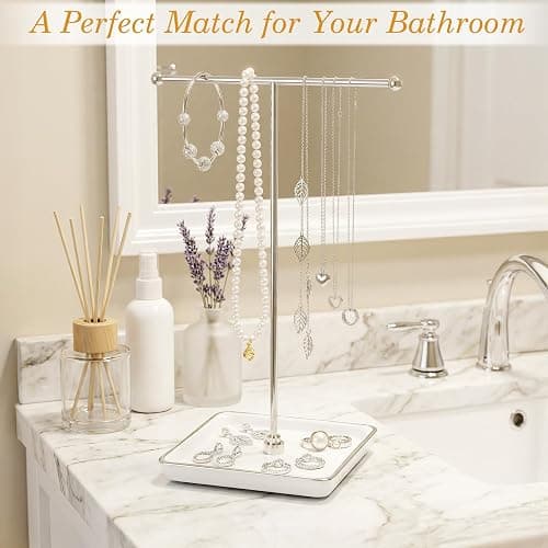 galasily Jewelry Holder Stand with Ceramic Base: 12" Tall Necklace Organizer Rack, Tree Design Display Storage for Necklaces, Bracelets, Rings, Earrings, Aesthetic Vintage Room Décor (Silver) thumbnail 6