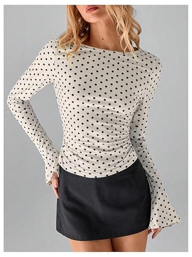 Milumia Women's Polka Dots Bell Sleeve Crop Tee Top Y2K Ruched Slim Fit Going Out T Shirt thumbnail 4