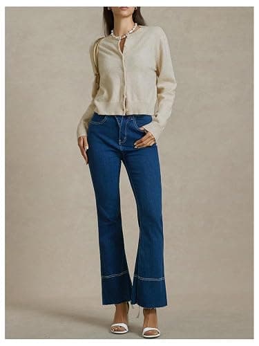 SOLY HUX Women's Button Down Long Sleeve Crewneck Crop Cardigan Sweater Cute Knitwear Clothes - Small - Solid Apricot thumbnail 5