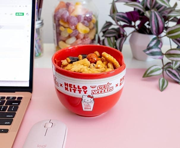 Silver Buffalo Sanrio Hello Kitty x Nissin Cup Noodles Red Ceramic Dinnerware Set | Includes Ramen Noodle Bowl and Wooden Chopsticks thumbnail 7