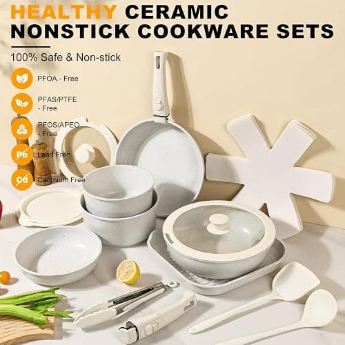 Pots and Pans Set Non Stick 20PCS, Ceramic Cookware Set Detachable Handle Non Toxic Stackable Kithchen Set, Dishwasher Oven Safe Induction Compatiable Frying Pans Pots Skillets, White thumbnail 3