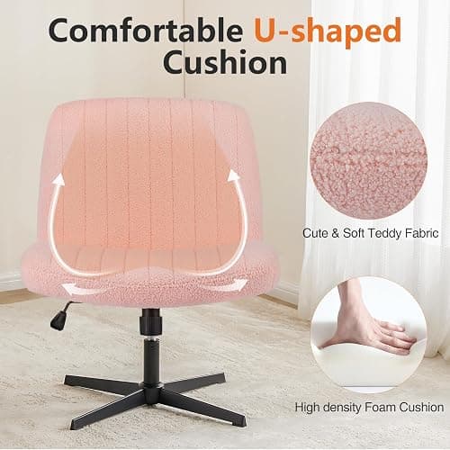 Sweetcrispy Criss Cross Office Chair, Vanity Chair No Wheels | Furry Teddy Fleece, Armless Wide Seat, Height Adjustable Swivel Desk, Task Computer Home Bedroom, Teddy Pink thumbnail 4
