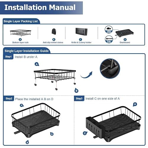 arshray Dish Drying Rack Single Layer with Utensil Holder, Adjustable Spout Auto-Draining Dish Rack for Kitchen Counter, Large Capacity for Plates, Bowls, Cups, Dish Drainer with Drainboard,Black - One Tier - Black - Metal thumbnail 6