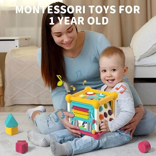 PANITU Baby Activity Cube, Cube Toys for Babies 6-12 Months, Toddler Music Busy Board with 4 Sensory Shape Blocks, 6-in-1 Educational Early Development Toy, Christmas, Birthday Gift for 1 Year Old thumbnail 2