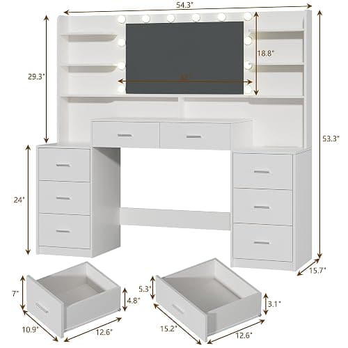HUAHUU Large Vanity Desk with Mirror & Lights, White Makeup Vanity with 8 Drawers & 6 Storage Shelves, Vanity Set with LED Lights and Power Outlet, 3 Lighting Modes, Adjustable Brightness thumbnail 2