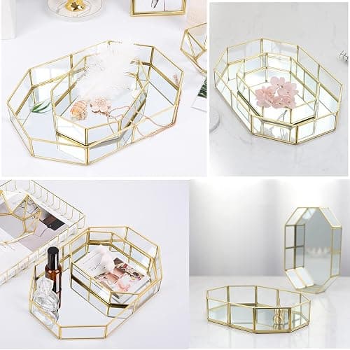 Hipiwe Mirror Glass Vanity Tray - Gold Ornate Makeup Vintage Octagonal Perfume Dresser Jewelry Trinket Organizer for Bathroom Storage Home Decor - 8" x 5.7" x 1.8" thumbnail 2
