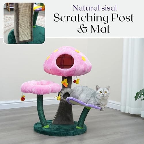 Catry® Wonderland 3-Level 31" Cat Tree with Mushroom Condo, Flower Perch, Sisal Scratching Pad, Parts Replaceable, Garden Style with Bee Toys. Multi- Color thumbnail 4