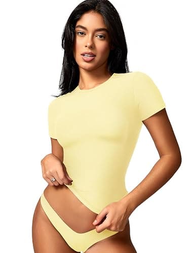 YEOREO Ease Women Fitted Workout Tops Short Sleeve Double Lined Basic Y2K Going Out Crew Neck Compression Crop Top thumbnail 7