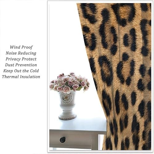 Leopard Print Curtains Retro Fur Skin Brown Farm 3D Leopard Print Ｗild Animal Fur Skin Window Treatments for Kids Living Room Bedroom Home Decor Window Drapes 42" W X 45" L thumbnail 7