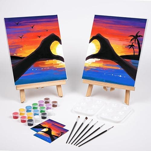 VOCHIC Sip and Paint Kit,Pre Drawn Canvas Couples Paint Party Kit Painting Art Set for Adults Date Night Sunset Heart 2 Pack (8 x 10 Inches) thumbnail 2