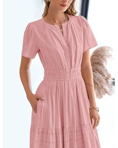 BTFBM Womens Summer 2026 Casual Midi Maxi Dresses Lightweight Short Sleeve V Neck Elastic Waist Boho Beach Dress Pockets thumbnail 4