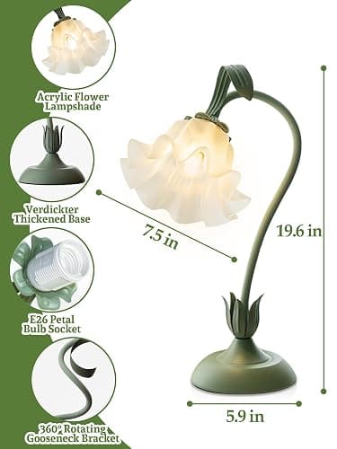 Flower Table Lamp Bedside Lamps LED Reading Light,3 Color Modes Cute Small Lamp,Vintage Flower Lamp Nightstand Lamp Kawaii Table Lamp for Bedroom Living Room Office Dorm Desk Home Decor(Green lamp) thumbnail 5